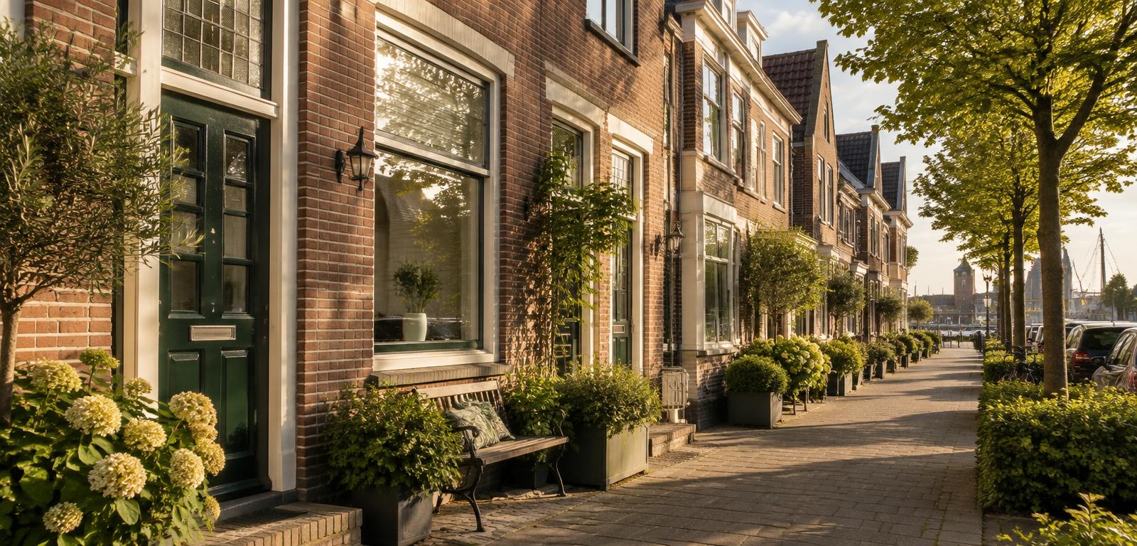 Een straat met rijwoningen in de zon